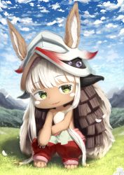 Rule 34 | 1girl, animal ears, barefoot, blue sky, blunt bangs, chibi, cloud, cloudy sky, commentary, day, ears through headwear, field, furry, furry female, green eyes, hat, horns, long hair, looking at viewer, made in abyss, nanachi (made in abyss), outdoors, pants, parted lips, sasoura, sky, smile, solo, topless, whiskers, white hair