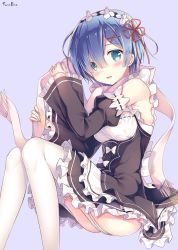 Rule 34 | 10s, 1girl, bare shoulders, black ribbon, blue eyes, blue hair, blush, commentary request, detached sleeves, frilled sleeves, frills, garter straps, hair ornament, hair over one eye, looking at viewer, maid, maid headdress, matching hair/eyes, open mouth, pink ribbon, re:zero kara hajimeru isekai seikatsu, rem (re:zero), ribbon, ribbon-trimmed clothes, ribbon trim, scarf, short hair, sitting, smile, solo, sousouman, thighhighs, underbust, white thighhighs, x hair ornament