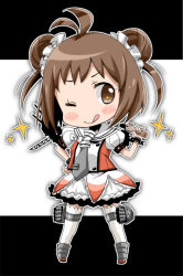 Rule 34 | 10s, 1girl, ;q, antenna hair, bad id, bad pixiv id, blush, brown eyes, brown hair, chibi, double bun, elbow gloves, gloves, idol, kantai collection, looking at viewer, naka (kancolle), one eye closed, open mouth, personification, school uniform, serafuku, short hair, skirt, smile, solo, syno, tongue, tongue out, wink