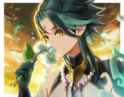 Rule 34 | 1boy, arm tattoo, bead necklace, beads, bracelet, cloud, cloudy sky, colored inner hair, diamond-shaped pupils, diamond (shape), elbow gloves, facial mark, falling petals, flower, forehead mark, genshin impact, gloves, gold trim, gradient sky, green gloves, green hair, highres, holding, holding flower, jewelry, lens flare, looking at object, mandarin collar, multicolored hair, necklace, parted bangs, petals, sheng zhidou, shirt, short hair, single elbow glove, sky, sleeveless, sleeveless shirt, star (sky), starry sky, sunlight, sunset, symbol-shaped pupils, tattoo, white flower, white shirt, xiao (genshin impact), yellow eyes