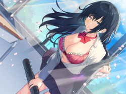 Rule 34 | 1girl, black hair, black jacket, black skirt, blue sky, bra, breasts, cherry blossoms, classroom, cleavage, closed mouth, collared shirt, curtains, day, desk, diploma, dutch angle, frilled bra, frills, graduation, hair blowing, highres, holding, itohana, jacket, large breasts, leaning forward, long hair, looking at viewer, navel, non-web source, open clothes, open shirt, original, petals, pink bra, pleated skirt, power lines, purple eyes, red neckwear, school desk, school uniform, shirt, sidelocks, skirt, sky, smile, solo, tree, underwear, uniform, watermark, white shirt, wind, wind lift, window
