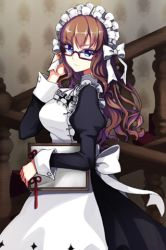 Rule 34 | 1girl, apron, blue eyes, bow, breasts, brown hair, chief maid, clipboard, glasses, long hair, lowres, maid, maid apron, maid headdress, ribbon, solo, stairs, sword girls