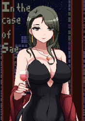 Rule 34 | 1girl, black dress, bloodylimpidity, breasts, brown eyes, cleavage, cup, dress, drinking glass, hair behind ear, highres, jewelry, large breasts, long hair, mature female, nail polish, necklace, niijima sae, persona, persona 5, pixel art, red nails, silver hair, smile, window