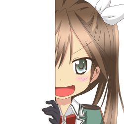 Rule 34 | &gt;:d, 10s, 1girl, :d, black gloves, brown hair, gloves, green eyes, hair ribbon, kantai collection, looking at viewer, nagineko, open mouth, peeking out, ribbon, school uniform, smile, solo, tone (kancolle), tone kai ni (kancolle), transparent background, v-shaped eyebrows
