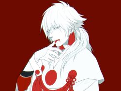 Rule 34 | 10s, 1boy, alternate hair color, blood, colored skin, dramatical murder, licking finger, kuwa ayase, licking, long hair, looking at viewer, male focus, red background, seragaki aoba, solo, tassel, white hair, white skin