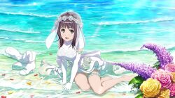Rule 34 | 1girl, beach, breasts, dress, feet, flower, gloves, itsuwa, looking at viewer, smile, solo, toaru majutsu no index, toes, water, wedding dress
