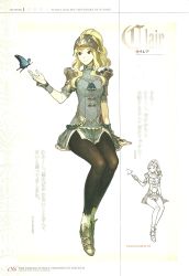 Rule 34 | 1girl, armor, armored dress, armored shoes, blonde hair, brown eyes, bug, butterfly, character name, clair (fire emblem), dress, fire emblem, fire emblem echoes: shadows of valentia, frills, full body, headpiece, helmet, hidari (left side), highres, insect, long hair, nintendo, non-web source, official art, pantyhose, ponytail, scan, shoulder armor, sketch, smile, solo
