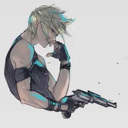 Rule 34 | 10s, 1boy, angry, armband, bad id, bad pixiv id, blonde hair, blood, blue eyes, eyelashes, final fantasy, final fantasy xv, fingerless gloves, freckles, gloves, grey background, gun, holding, holding weapon, male focus, nosebleed, prompto argentum, scowl, shirt, short hair, simple background, sleeveless, solo, spiked hair, weapon