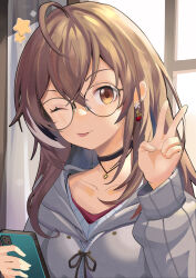 Rule 34 | 1girl, ahoge, black-framed eyewear, black choker, black hair, brown hair, cellphone, cherry earrings, choker, earrings, food-themed earrings, food themed earrings, glasses, grey hoodie, highres, holding, holding phone, hololive, hololive english, hood, hoodie, jewelry, long hair, looking at viewer, multicolored hair, nanashi mumei, nanashi mumei (casual), naomi (naomiart), necklace, one eye closed, phone, single earring, smartphone, smile, solo, star (symbol), streaked hair, tongue, tongue out, v, virtual youtuber, white hair, yellow eyes