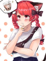 Rule 34 | 1girl, alternate costume, animal ears, black bow, bow, braid, bubble tea, cat ears, cup, drink, drinking glass, drinking straw, drooling, highres, kaenbyou rin, kashiwara mana, multiple tails, polka dot, red eyes, red hair, solo, sparkle, swimsuit, tail, touhou, twin braids