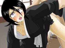 Rule 34 | 1girl, ahegao, arm grab, bent over, black hair, bleach, blush, breasts, censored, cum, cumdrip, doggystyle, drooling, flat chest, fucked silly, game cg, grey eyes, japanese clothes, kuchiki rukia, looking back, maten, nipples, no bra, open clothes, open mouth, saliva, sex, sex from behind, solo, sweat, tears, vaginal