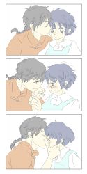 Rule 34 | 1boy, 1girl, black hair, blue hair, braid, braided ponytail, chinese clothes, comic strip, crying, highres, holding another&#039;s hand, kiss, kissing hand, ranma 1/2, saotome ranma, school uniform, tangzhuang, tears, tendou akane, white background, wiping tears