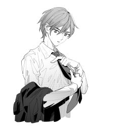 Rule 34 | 1boy, collared shirt, commentary request, girls&#039; frontline, greyscale, highres, holding, holding clothes, holding jacket, jacket, light (girls&#039; frontline), long sleeves, looking down, male focus, monochrome, morisenn, necktie, parted lips, shirt, short hair, simple background, tying necktie, upper body, white background