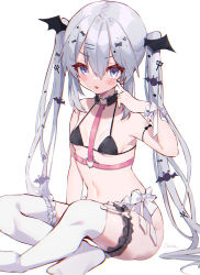 Rule 34 | 1girl, :p, bad id, bad pixiv id, bare arms, bare shoulders, bat hair ornament, bikini, bikini top only, black bikini, black bow, black choker, black nails, blue eyes, blush, bow, breasts, bridal garter, chest harness, choker, closed mouth, commentary, foot out of frame, hair between eyes, hair bow, hair ornament, halterneck, hand up, harness, head wings, highres, indian style, koyubita, long hair, looking at viewer, nail polish, navel, no shoes, original, over-kneehighs, panties, signature, silver hair, simple background, sitting, small breasts, solo, stomach, swimsuit, thighhighs, tongue, tongue out, twintails, underwear, very long hair, white background, white bow, white panties, white thighhighs, wings, wrist cuffs