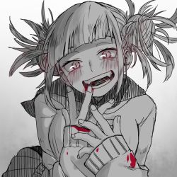 Rule 34 | 10s, 1girl, blood, blood on clothes, blunt bangs, blush, boku no hero academia, cardigan, double bun, fangs, female focus, gradient background, hair bun, komiya harumoto, looking at viewer, messy hair, monochrome, open mouth, school uniform, serafuku, sleeves past wrists, slit pupils, smile, solo, spot color, tagme, toga himiko, upper body, white background