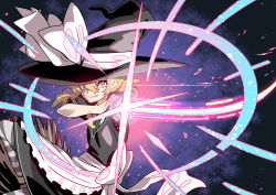 Rule 34 | 1girl, apron, black dress, blonde hair, bow, braid, breasts, broom, broom riding, closed mouth, dress, flashlight, gradient background, hand on own arm, hat, hat bow, highres, holding, holding weapon, kawayabug, kirisame marisa, light particles, looking at viewer, master spark, medium breasts, medium hair, mini-hakkero, outstretched arm, photokinesis, short sleeves, side braid, sitting, smile, socks, solo, striped clothes, striped socks, touhou, waist apron, weapon, white bow, witch hat, yellow eyes