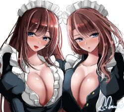 Rule 34 | 2girls, absurdres, azur lane, black dress, blue eyes, blush, braid, breast press, breasts, brown hair, cleavage, curacoa (azur lane), curlew (azur lane), dress, frills, hair between eyes, highres, hisin, huge breasts, juliet sleeves, large breasts, long hair, long sleeves, looking at viewer, maid, maid headdress, multiple girls, open clothes, open mouth, open shirt, puffy sleeves, purple hair, signature, single braid, smile, symmetrical docking, taut clothes, taut dress, upper body