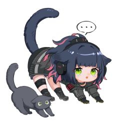 Rule 34 | ..., 1girl, all fours, animal ears, arknights, armband, black cat, black collar, black gloves, black jacket, black shorts, blue hair, cat, cat ears, cat girl, cat tail, chibi, collar, commentary, crying, crying with eyes open, english commentary, gloves, green eyes, headset, implied extra ears, jacket, jessica (arknights), multicolored hair, open mouth, pink hair, ponytail, shorts, simple background, solo, spacelongcat, speech bubble, spoken ellipsis, streaked hair, stretching, tail, tail raised, tears, white background