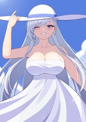 Rule 34 | 1girl, alternate costume, azur lane, bare arms, bare shoulders, belfast (azur lane), blue sky, breasts, cleavage, cloud, collarbone, commentary request, cowboy shot, day, dress, grey eyes, grey hair, grin, highres, large breasts, lemon kele, long hair, looking at viewer, one eye closed, sky, sleeveless, sleeveless dress, smile, solo, spaghetti strap, standing, very long hair, white dress, white headwear