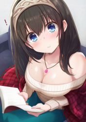Rule 34 | 1girl, azuki yui, bare shoulders, black hair, blue eyes, blue skirt, blush, book, breasts, cleavage, hairband, holding, holding book, idolmaster, idolmaster cinderella girls, jewelry, large breasts, long hair, looking at viewer, necklace, off-shoulder, off-shoulder sweater, open book, parted lips, pendant, ribbed sweater, sagisawa fumika, shawl, sitting, skirt, solo, sweater, white sweater