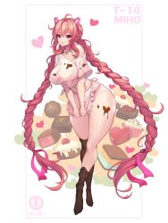 Rule 34 | 1girl, absurdly long hair, ahoge, apron, black thighhighs, braid, breasts, candy, character name, chocolate, chocolate on clothes, food, full body, heart, highres, large breasts, last origin, long hair, looking at viewer, miho (last origin), pink eyes, pink hair, smile, thighhighs, toriseru (rare stone), twin braids, very long hair, waist apron