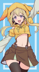 Rule 34 | 1girl, arm up, black thighhighs, blonde hair, blue background, blush, breasts, brown skirt, clothing cutout, commentary, cowboy shot, highres, hood, hood up, hoodie, ieiri popo, ieiri popo (2nd costume), k waremono, long hair, looking at viewer, midriff, nanashi inc., navel, neck ribbon, official alternate costume, open mouth, purple eyes, ribbon, shoulder cutout, sidelocks, skirt, small breasts, smile, solo, suspender skirt, suspenders, thighhighs, virtual youtuber, yellow hoodie