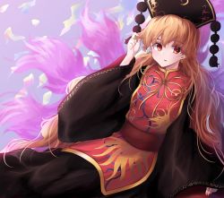 Rule 34 | 1girl, absurdres, belt, black dress, black hat, blush, bow, bowtie, breasts, brown belt, chinese clothes, commentary request, crescent, dress, energy, eyes visible through hair, fingernails, gradient background, hair between eyes, hand up, hat, highres, junko (touhou), long fingernails, long hair, long sleeves, looking to the side, medium breasts, nail polish, neold, open mouth, orange hair, phoenix crown, pink background, pink nails, pom pom (clothes), purple background, red eyes, sitting, solo, tabard, touhou, wide sleeves, yellow bow, yellow bowtie