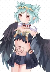 Rule 34 | 1girl, absurdres, black feathers, black skirt, black wings, blush, breasts, claws, commentary request, commission, feathers, green hair, harpy, heart, heart tattoo, highres, indie virtual youtuber, lincoro, medium breasts, monster girl, navel, pointy ears, red eyes, sakuta., short hair, skeb commission, skirt, solo, stomach tattoo, tattoo, tiara, virtual youtuber, white background, winged arms, wings