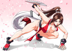 Rule 34 | 1girl, bad id, bad pixiv id, bare arms, bare shoulders, breasts, brown eyes, brown hair, cherry blossoms, cleavage, covered erect nipples, curvy, fatal fury, fingerless gloves, full body, gloves, hand fan, highres, hip focus, huge breasts, japanese clothes, long hair, looking at viewer, pelvic curtain, ponytail, purple eyes, revealing clothes, shiranui mai, sideboob, snk, solo, stance, the king of fighters, thick thighs, thighs