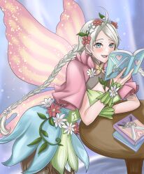 Rule 34 | 1girl, absurdres, ahoge, belt, blue eyes, book, book stack, braid, butterfly wings, capelet, commission, commissioner upload, fairy, fairy wings, fire emblem, fire emblem fates, fire emblem heroes, flower bracelet, fujoshi, gradient clothes, green bracelet, grey hair, hair vines, highres, holding, holding book, insect wings, kousetu0506, leaf bracelet, leaning on table, long hair, low twin braids, low twintails, nina (fire emblem), nina (resplendent) (fire emblem), nintendo, non-web source, official alternate costume, open mouth, parted bangs, pink capelet, skeb commission, solo, table, twin braids, twintails, vine belt, vine print, wings