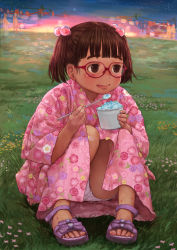 Rule 34 | 1girl, :p, brown eyes, brown hair, child, drinking straw, feet, food, full body, glasses, hair ornament, hairclip, holding, holding drinking straw, japanese clothes, kimono, night, on grass, original, outdoors, panties, shaved ice, short twintails, sionsionsion, sitting, solo, squatting, summer festival, toes, tongue, tongue out, twintails, underwear, white panties, yukata