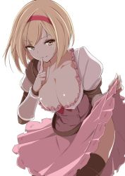 Rule 34 | 10s, 1girl, blonde hair, blush, breasts, brown eyes, clothes lift, collarbone, djeeta (granblue fantasy), dress, dress lift, fighter (granblue fantasy), granblue fantasy, hairband, index finger raised, large breasts, looking at viewer, mutou kurihito, pink dress, puffy short sleeves, puffy sleeves, short hair, short sleeves, simple background, solo, thighhighs, vambraces, white background