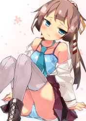 Rule 34 | 1girl, beritabo, blue camisole, blue eyes, blue necktie, blue panties, blush, boots, brown footwear, brown hair, camisole, closed mouth, collarbone, collared shirt, commentary request, cross-laced footwear, dress, floral background, gradient background, grey thighhighs, head tilt, highres, jacket, kantai collection, kazagumo (kancolle), kazagumo kai ni (kancolle), knees together feet apart, knees up, lace-up boots, long hair, necktie, off shoulder, open clothes, open jacket, open shirt, panties, pink background, pleated dress, ponytail, purple dress, shirt, sitting, sleeveless, sleeveless dress, solo, thighhighs, thighhighs under boots, underwear, very long hair, wavy hair, white background, white jacket, white shirt