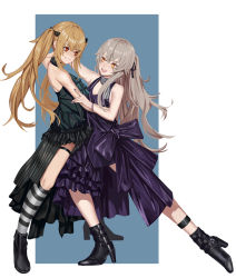 Rule 34 | 2girls, :3, alternate costume, alternate hairstyle, bad id, bad pixiv id, bare shoulders, black footwear, blouse, blush, boots, breasts, brown eyes, brown hair, collarbone, dancing, dress, full body, girls&#039; frontline, grey hair, hair between eyes, hair ornament, hairclip, head tilt, high heel boots, high heels, jewelry, kneehighs, leg strap, long hair, looking at another, medium breasts, multiple girls, official alternate costume, open mouth, outside border, parted lips, purple dress, ring, scar, scar across eye, scar on face, scarf, shirt, siblings, sidelocks, sisters, skindentation, skirt, sleeveless, sleeveless shirt, small breasts, smile, socks, standing, striped clothes, striped legwear, striped skirt, striped socks, thigh strap, thighs, tsuaaa, twins, ump45 (diamond flower) (girls&#039; frontline), ump45 (girls&#039; frontline), ump9 (girls&#039; frontline), ump9 (the world&#039;s melody) (girls&#039; frontline), very long hair, wedding band, wrist straps, yellow eyes