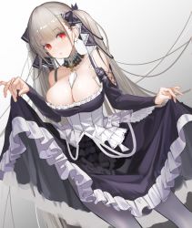 Rule 34 | 1girl, azur lane, bare shoulders, between breasts, black dress, black pantyhose, breasts, cleavage, contrapposto, corset, dress, dutch angle, formidable (azur lane), frilled dress, frills, grey hair, holding, holding clothes, holding dress, large breasts, long hair, looking at viewer, pantyhose, red eyes, solo, twintails, two-tone dress, two-tone ribbon, very long hair, ya99ru