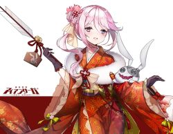 Rule 34 | 1girl, 6 yin, alternate costume, alternate hairstyle, black gloves, blue eyes, blush, bow, breasts, flower, gloves, green ribbon, hair between eyes, hair bun, hair flower, hair ornament, hands up, heterochromia, holding, iron saga, japanese clothes, kimono, logo, long hair, looking at viewer, medium breasts, official art, open mouth, pink hair, red bow, red eyes, red kimono, ribbon, side bun, side ponytail, sidelocks, single side bun, slokai (iron saga), smile, solo, stuffed toy, teeth, upper teeth only, wide sleeves