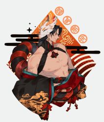 Rule 34 | 1boy, amu (amu5934), animal ears, bare pectorals, bishounen, black hair, fox ears, fox mask, freckles, highres, japanese clothes, kitsune, male focus, mask, mask on head, obi, one piece, oni mask, pectorals, portgas d. ace, sash, smile, solo, topless male, unworn mask, wide sleeves