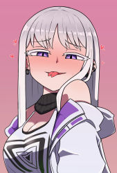 Rule 34 | 1girl, :p, blush, cheona (last origin), colored eyelashes, earrings, forked tongue, heart, highres, jacket, jewelry, last origin, long hair, looking at viewer, omoitsuka, piercing, pink background, purple eyes, silver hair, simple background, smile, solo, tank top, tongue, tongue out, tongue piercing