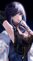 Rule 34 | 1girl, absurdres, arm up, armpits, asymmetrical gloves, bad id, bad pixiv id, bare shoulders, black background, black gloves, blue hair, blue nails, breasts, cleavage, commentary, elbow gloves, fingerless gloves, genshin impact, gloves, green eyes, hand up, highres, large breasts, miruku pan, mismatched gloves, mole, mole on breast, nail polish, short hair, simple background, sleeveless, solo, upper body, white gloves, yelan (genshin impact)
