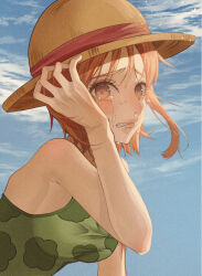 Rule 34 | 1girl, armpit crease, bare shoulders, blood, blood on arm, blue sky, blush, breasts, cloud, cloudy sky, commentary, crying, green tank top, hand on headwear, hand up, hat, highres, looking at viewer, medium breasts, micca, nami (one piece), one piece, orange eyes, orange hair, outdoors, parted lips, scene reference, short hair, single sidelock, sky, solo, straw hat, tank top, teardrop, tears, upper body