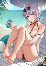 Rule 34 | 1girl, ass, azur lane, bare legs, bare shoulders, barefoot, beach, beach umbrella, bikini, black bikini, blue sky, blurry, blurry background, blush, breasts, can, chair, choker, cleavage, cloud, collarbone, day, depth of field, dorsiflexion, eyewear on head, feet, full body, halterneck, head tilt, heart, heart-shaped eyewear, highres, holding, holding can, horizon, hugging own legs, knees up, large breasts, looking at viewer, lounge chair, low twintails, navel, o-ring, o-ring top, ocean, off shoulder, outdoors, pink-framed eyewear, red eyes, sand, scrunchie, see-through, short hair, silver hair, sirius (azur lane), sirius (scorching-hot seirios) (azur lane), sitting, sky, solo, spread toes, sunglasses, sunlight, swimsuit, thigh strap, toes, twintails, umbrella, water, white scrunchie, wrist scrunchie, ziko