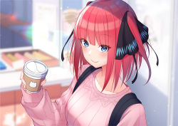 Rule 34 | 1girl, backpack, bag, black ribbon, blunt bangs, casual, coffee cup, cup, disposable cup, go-toubun no hanayome, highres, nakano nino, pink hair, pink sweater, ribbon, smile, sweater, twintails, umetasuku, upturned eyes