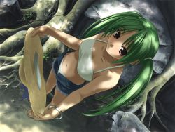 Rule 34 | 1girl, brown eyes, green hair, hat, long hair, looking at viewer, looking up, rock, roots, shorts, solo, sun hat, tank top