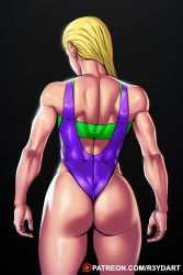 Rule 34 | 1girl, ass, back, black background, blonde hair, female focus, leotard, long hair, muscular, muscular female, naruto, naruto (series), r3ydart, shiny skin, simple background, solo, sports bra, tight clothes, wide hips, yamanaka ino