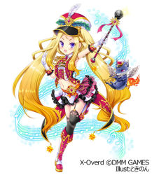 Rule 34 | 1girl, apollon (x overd), beamed eighth notes, black legwear, blonde hair, copyright name, eighth note, full body, garter straps, gloves, hand up, hat, instrument, long hair, looking at viewer, marching band baton, midriff, musical note, navel, official art, purple eyes, resolution mismatch, sixteenth note, solo, source larger, standing, tokinon, treble clef, trumpet, twintails, very long hair, watermark, white gloves, x-overd