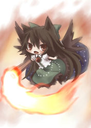 Rule 34 | 1girl, animal ears, arm cannon, black hair, bow, cape, cat ears, cat girl, female focus, fire, full body, gradient background, hair bow, highres, kemonomimi mode, long hair, night, open mouth, red eyes, reiuji utsuho, smile, solo, third eye, touhou, weapon, wings, yamino haruka