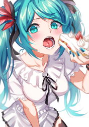 Rule 34 | 1girl, aqua eyes, aqua hair, black ribbon, black thighhighs, blush, breasts, cake, cake slice, collarbone, dress, dutch angle, eating, feathers, food, frilled dress, frills, from above, hatsune miku, highres, holding, holding food, inue ao, long hair, looking at viewer, medium breasts, nail polish, open mouth, red feathers, ribbon, short sleeves, simple background, solo, supreme (module), thighhighs, twintails, vocaloid, wavy hair, white background, white dress, world is mine (vocaloid)