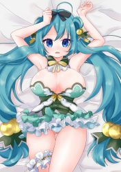 Rule 34 | 1girl, :o, aqua hair, arms up, bare arms, black bow, blue eyes, bow, bowtie, breasts, bridal garter, cowboy shot, double bun, dress, flower knight girl, frills, green dress, hair bow, hair bun, hair ornament, highres, isogiku (flower knight girl), large breasts, long hair, looking at viewer, low-tied long hair, lying, mole, mole under eye, on back, panties, shiny skin, sk (murabitosk), solo, striped, striped bow, thigh gap, thighs, twintails, underwear, white panties, yellow bow