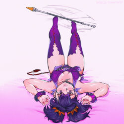 Rule 34 | 1girl, baton (weapon), belt, black choker, breasts, choker, commission, flower, hair flower, hair ornament, highres, jewelry, keigi, lips, looking at viewer, lying, medium breasts, mole, mole under eye, nail polish, on back, on bed, purple background, purple eyes, purple hair, red nails, revealing clothes, sideless outfit, signature, solo, spinning weapon, symonne (tales), tales of (series), tales of zestiria, thighhighs, twintails, weapon