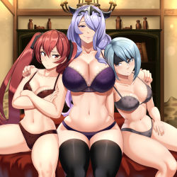 Rule 34 | 3girls, absurdres, arms around neck, beruka (fire emblem), black headband, blue hair, bra, breasts, brown eyes, camilla (fire emblem), castell, cleavage, fire emblem, fire emblem fates, hair between eyes, hair ornament, hair over one eye, headband, highres, large breasts, lingerie, long hair, looking at viewer, medium breasts, multiple girls, navel, nintendo, purple eyes, purple hair, red eyes, red hair, severa (fire emblem), short hair, sitting, thighhighs, twintails, underwear, underwear only